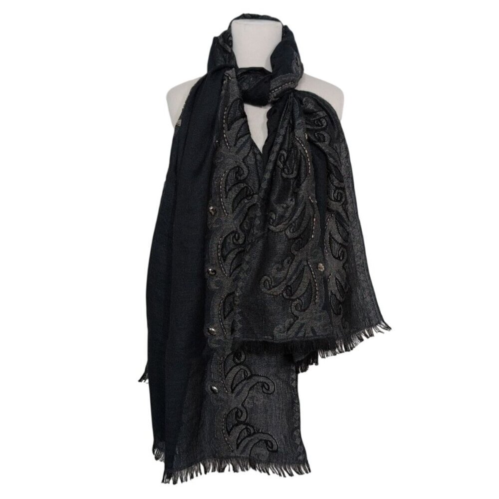 Hang N Hold Paisley Beaded Scarf Wool Blend Fringe Lightweight Rectangle